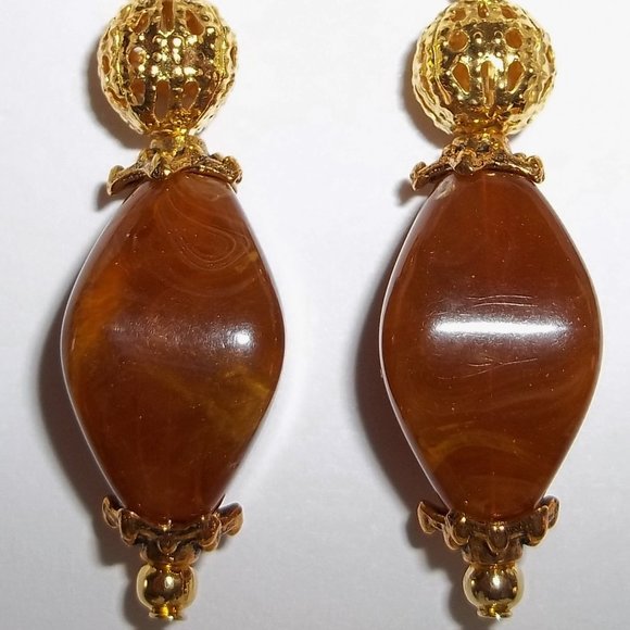 Brown Beaded Earring Set Handmade NWT Jewelry Dangle Drop Gold Toned Pair 4136 - Picture 6 of 7